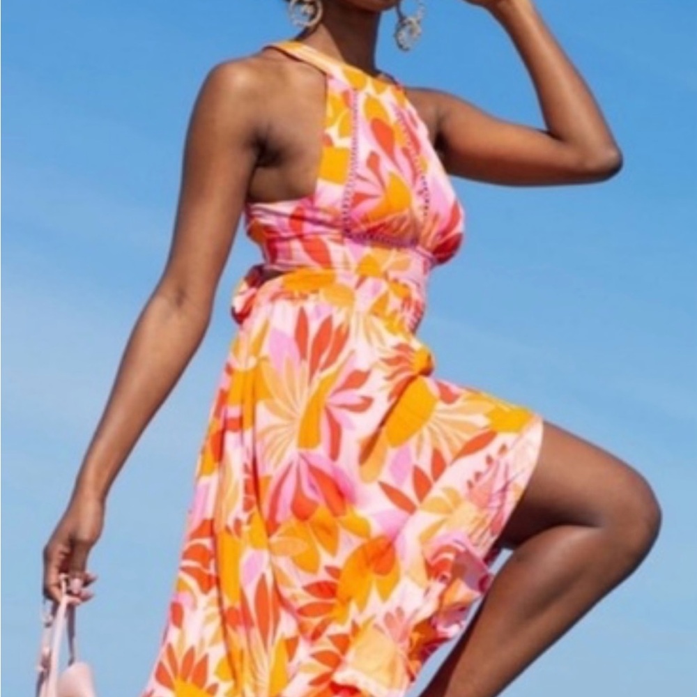 Floral Halter Dress in Pink and Orange